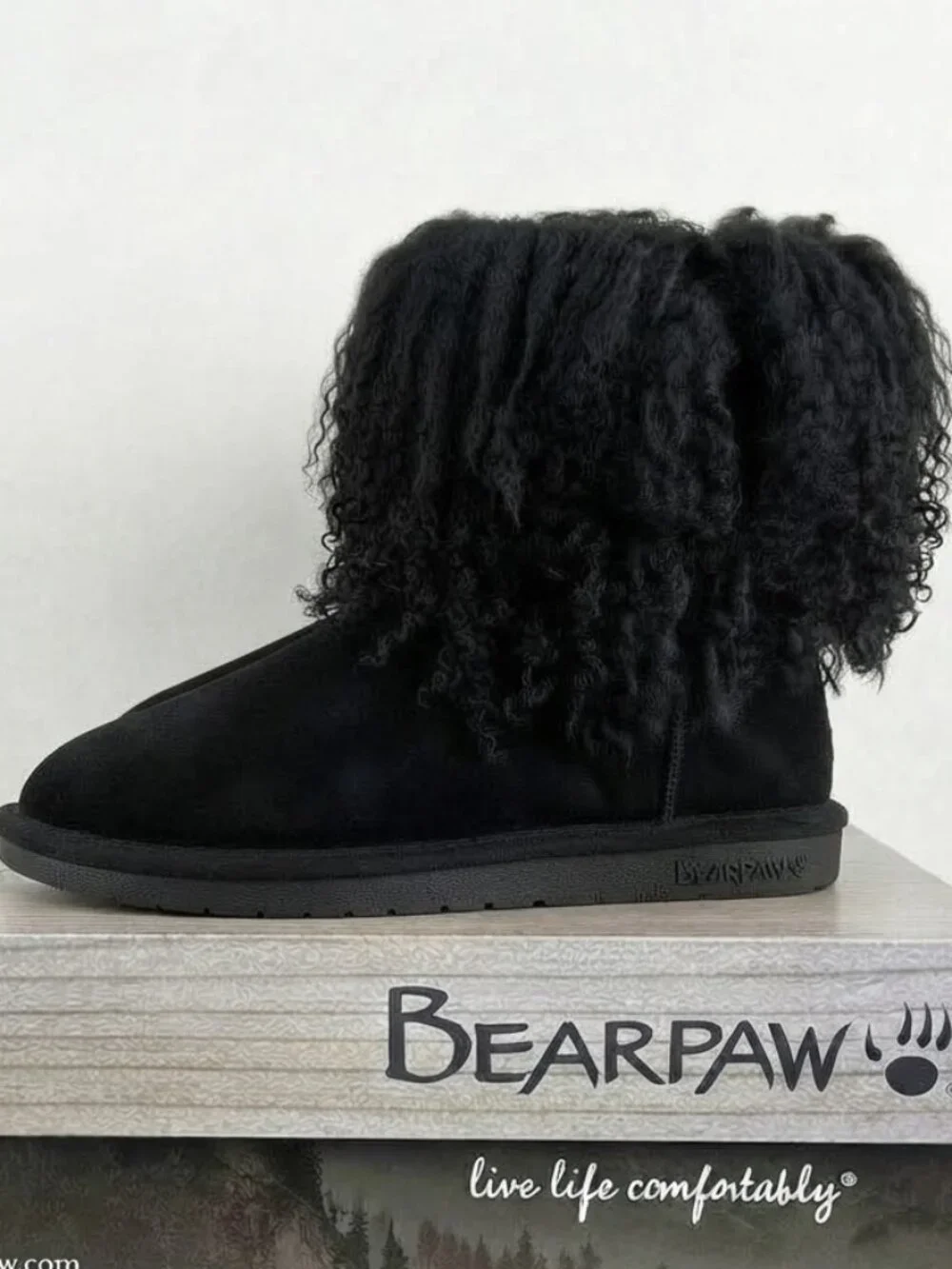 Bearpaw Boo Black Shearling Wool Lined Curly Lamb Fur Sherpa Boho Boots Sz 6 NEW